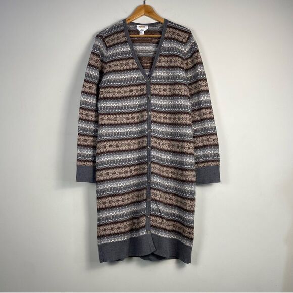 Vintage‎ Talbots Merino Wool Fair Isle Cardigan Duster Sweater Size L Brown Gray - Picture 1 of 10